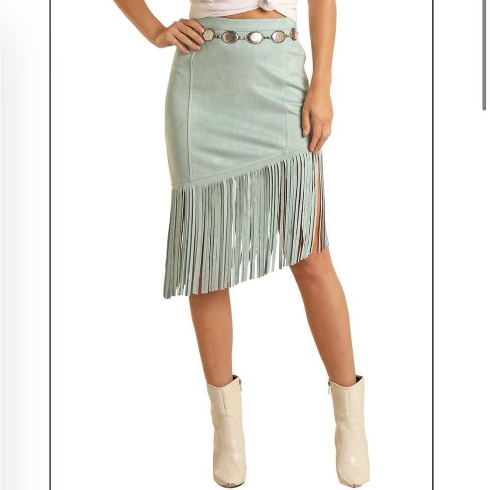 EUC Rock & Roll Denim Cowgirl Mint Fringe Mini Skirt Small